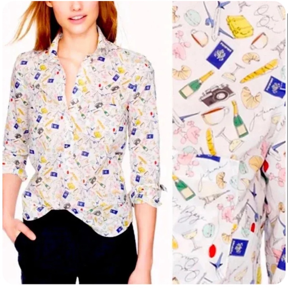 J. Crew Paris France French Travel Popover Pullover Button Blouse Size 0